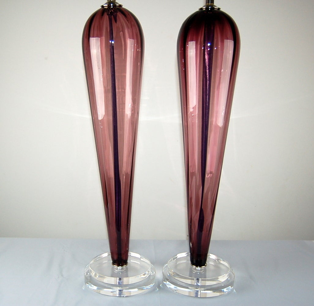 Italian Pair of Towering Vintage Murano Teardrop Lamps in Grape For Sale