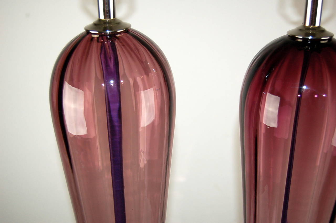 Polished Pair of Towering Vintage Murano Teardrop Lamps in Grape For Sale