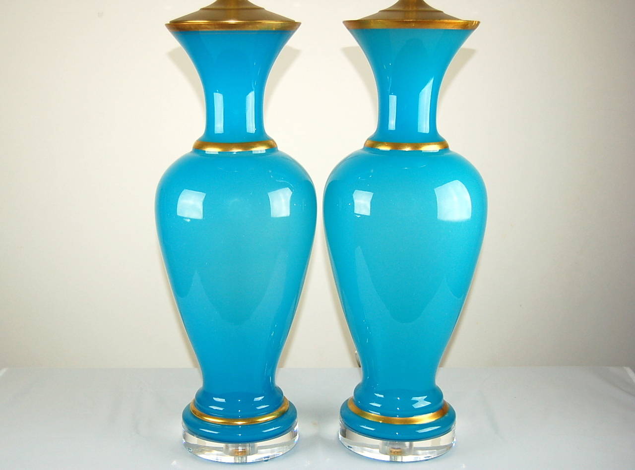 Italian Magical Pair of Vintage Murano Blue Opaline Lamps