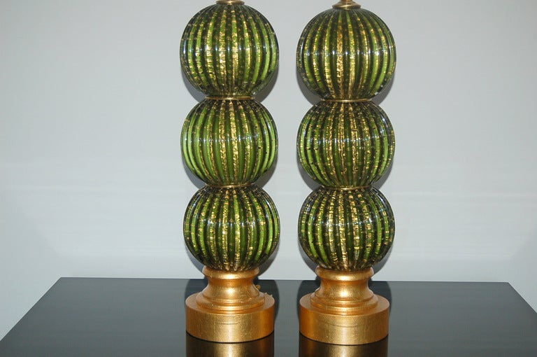 Italian Green Stacked Three Ball Murano Lamps in Emerald and Gold