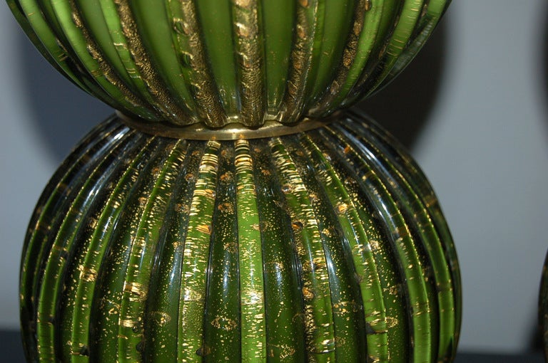 Green Stacked Three Ball Murano Lamps in Emerald and Gold 1