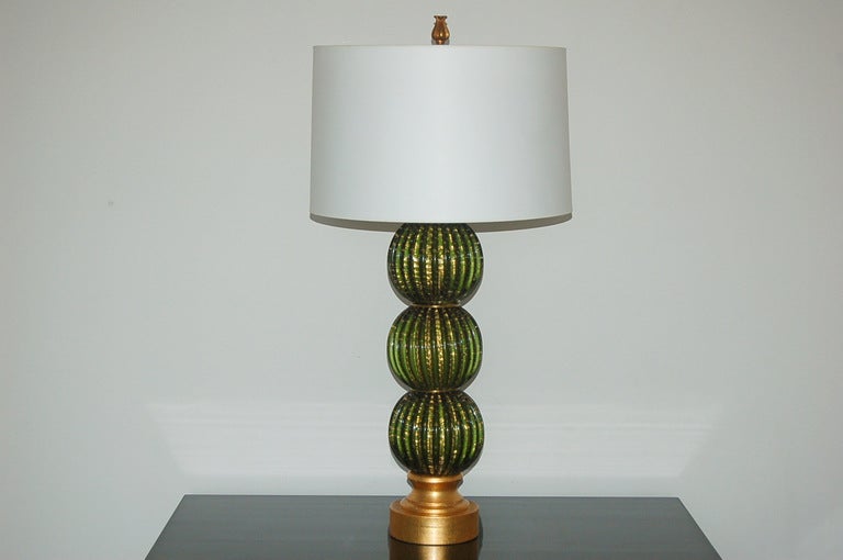 Hollywood Regency Green Stacked Three Ball Murano Lamps in Emerald and Gold
