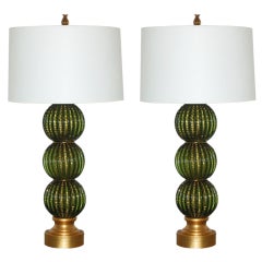 Green Stacked Three Ball Murano Lamps in Emerald and Gold