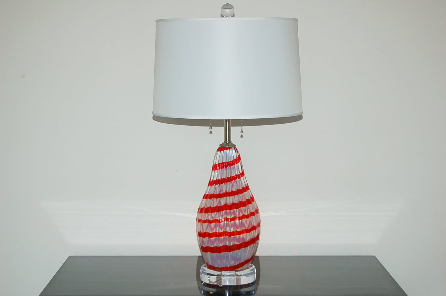 Pair of Vintage Murano Striped Opaline Lamps in Cherry Red For Sale