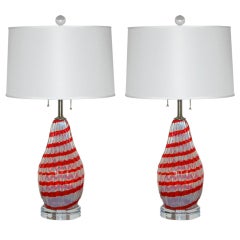 Pair of Vintage Murano Striped Opaline Lamps in Cherry Red 3