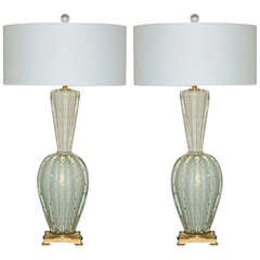 Pair of Dazzling Vintage Murano Lamps of White and Gold