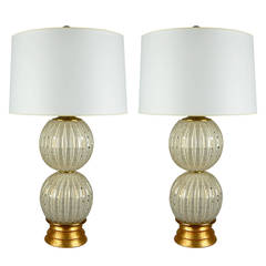 Pair of White Murano Stacked Ball Lamps with Gold Dust