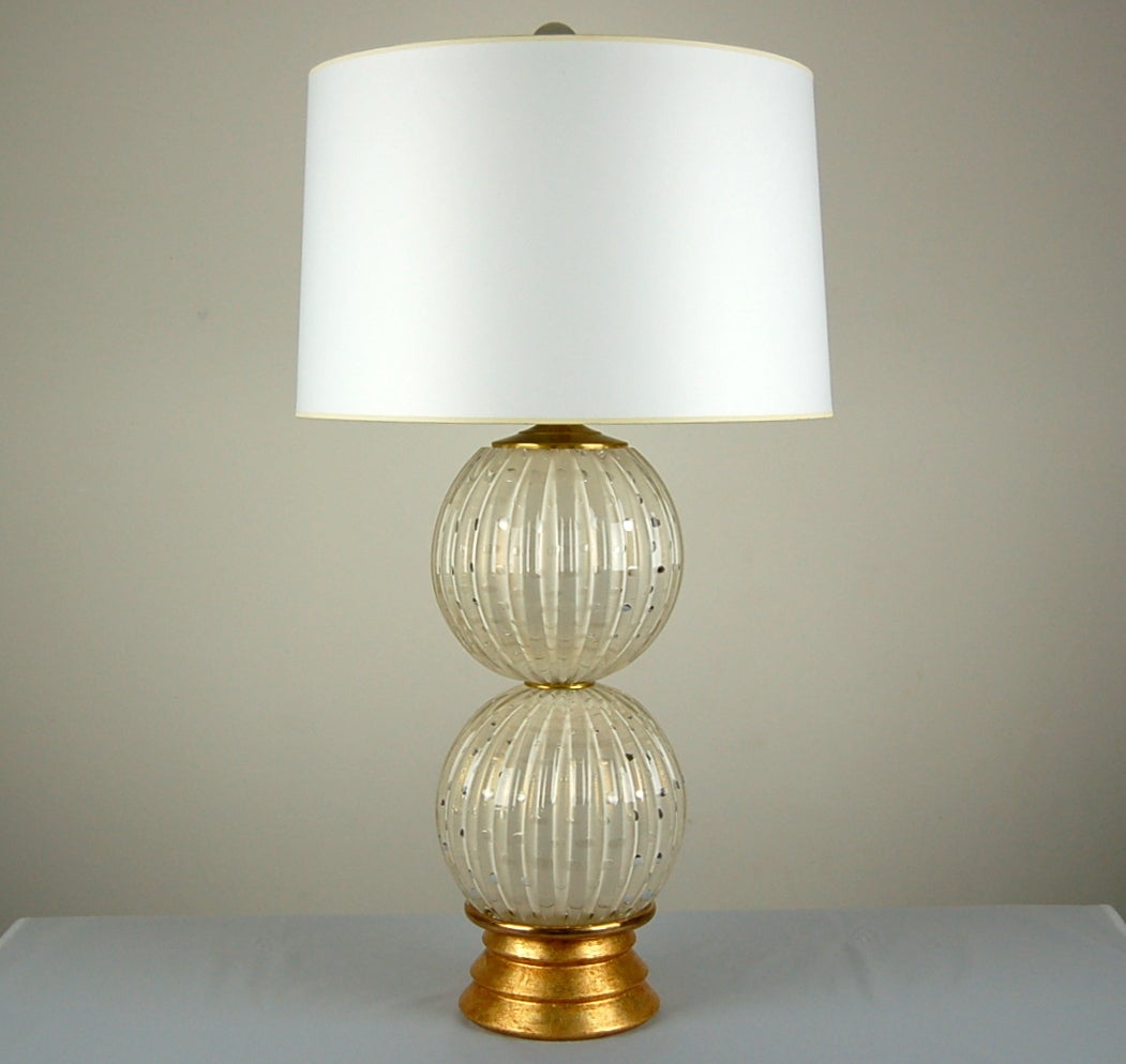 Mid-Century Modern Pair of White Murano Stacked Ball Lamps with Gold Dust