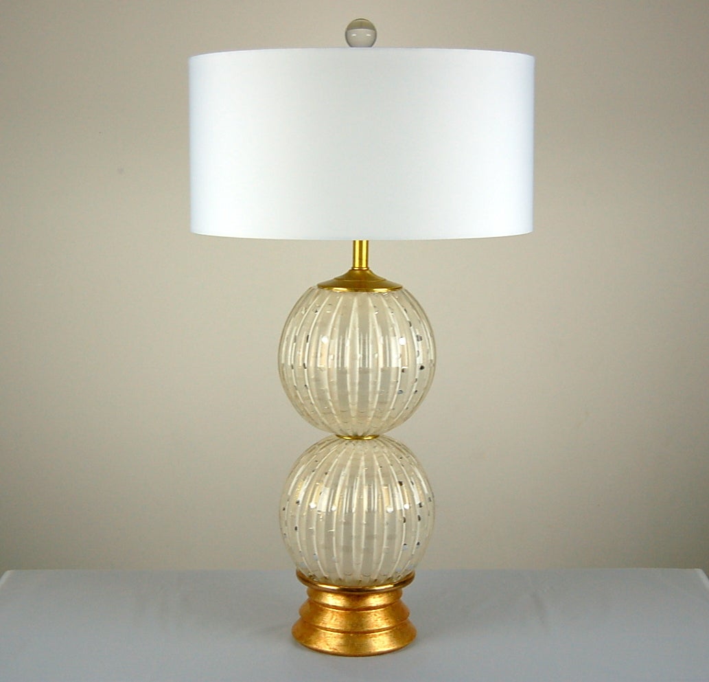 Italian Pair of White Murano Stacked Ball Lamps with Gold Dust