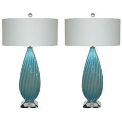 Vintage Pair of Almond ShapedVintage Murano Opaline Lamps in Sky Blue