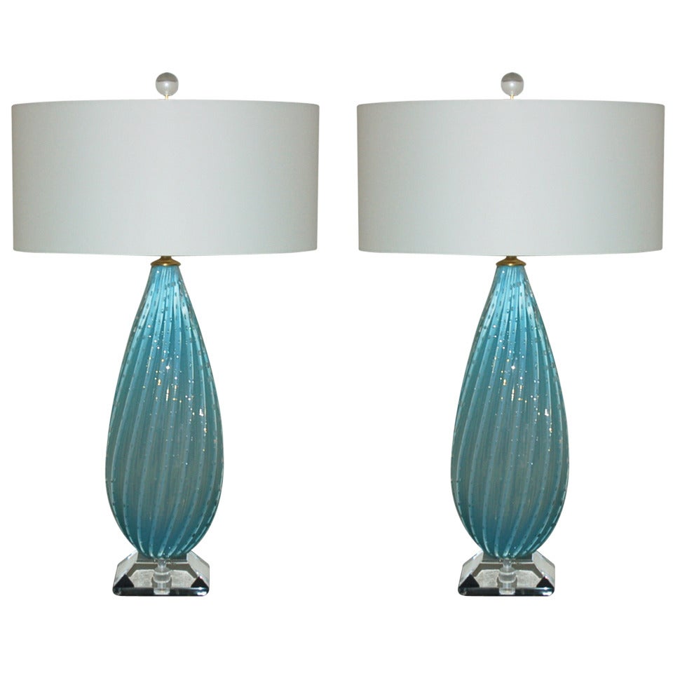 Pair of Almond ShapedVintage Murano Opaline Lamps in Sky Blue For Sale