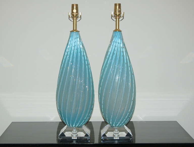 Mid-Century Modern Pair of Almond ShapedVintage Murano Opaline Lamps in Sky Blue For Sale