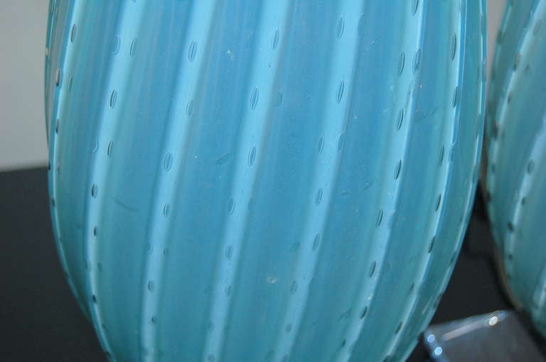 Mid-20th Century Pair of Almond ShapedVintage Murano Opaline Lamps in Sky Blue For Sale