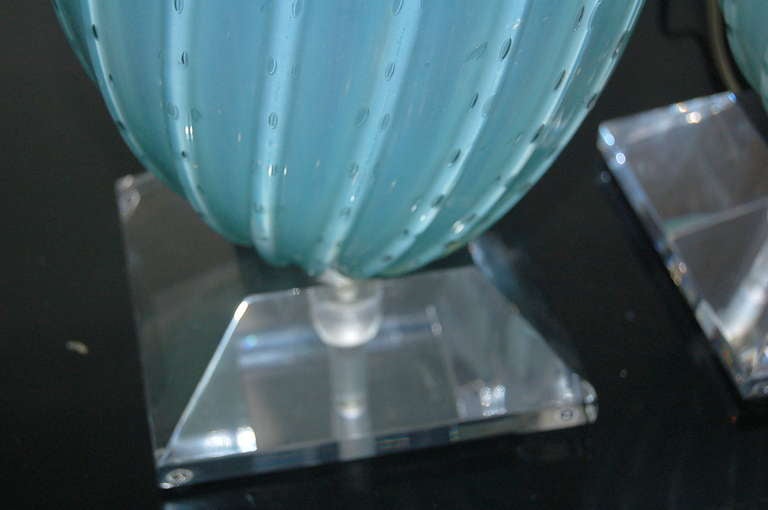 Brass Pair of Almond ShapedVintage Murano Opaline Lamps in Sky Blue For Sale