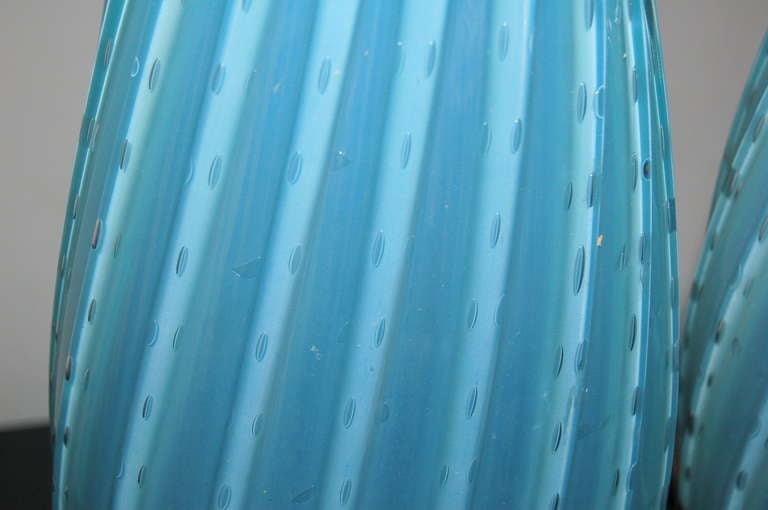Pair of Almond ShapedVintage Murano Opaline Lamps in Sky Blue For Sale 1