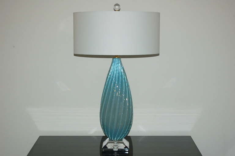 Perfectly matched!  Our LAST PAIR of BABY BLUE OPALINE lamps, very imposing in height. These are ALMOND SHAPED.  The color is magical, thanks to the Opaline in the glass.  Great controlled bubbles - hundreds of them. 

They are mounted on thick
