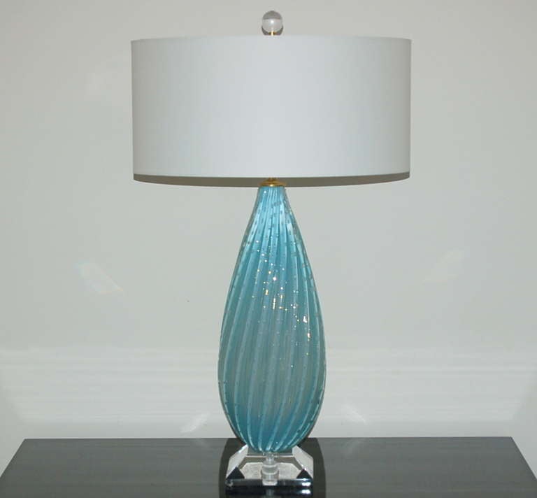 Italian Pair of Almond ShapedVintage Murano Opaline Lamps in Sky Blue For Sale