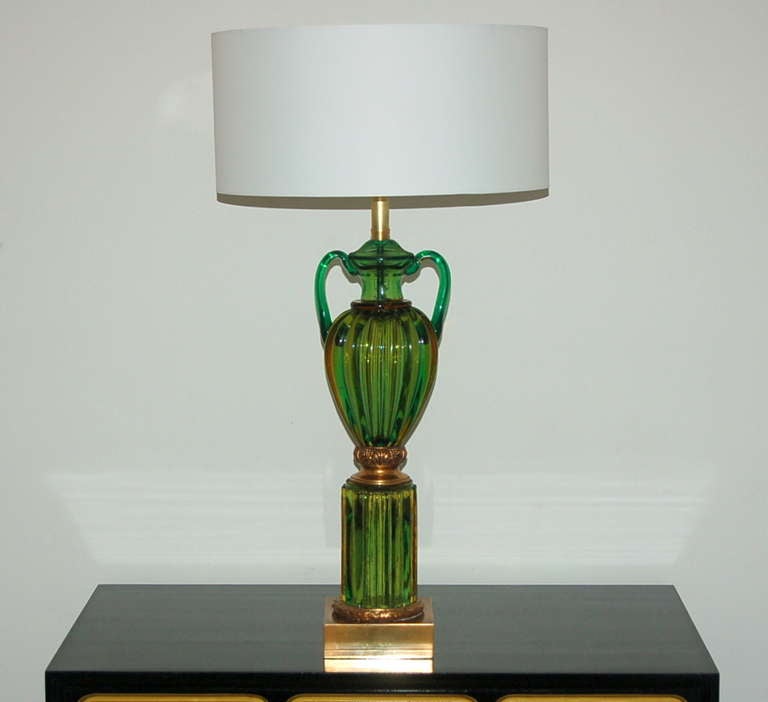 Spectacularly imposing pair of Marbro lamps in EMERALD GREEN with strong accents of LIME GREEN and AMBER, in the Sommerso style. These lamps are stunning! 

They stand 35 inches from tabletop to socket top.  As shown, the top of shade is 37 inches