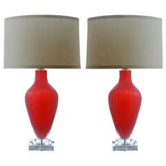 Pair of Vintage Murano Opaline Lamps in Raspberry by Marbro