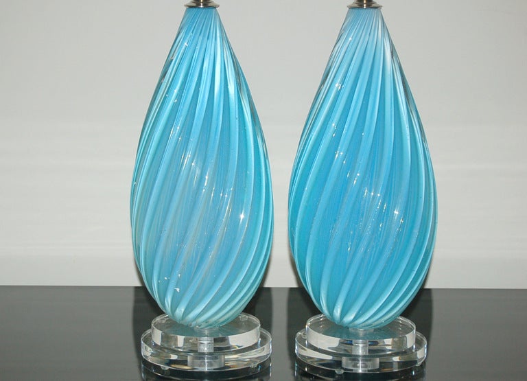 Italian Pair of Malibu Blue Vintage Murano Lamps by Archimede Seguso