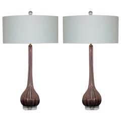 Pair of Ribbed Murano Tall Necked Lamps in Boysenberry