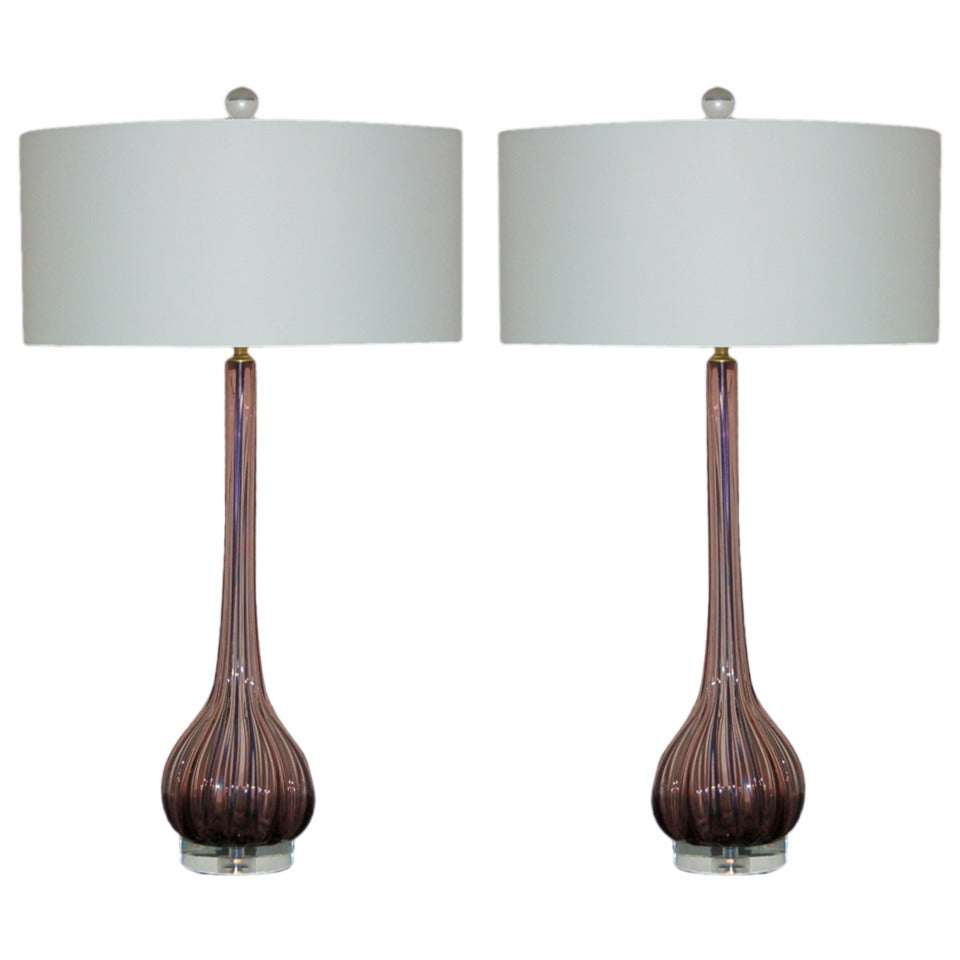 Pair of Ribbed Murano Tall Necked Lamps in Boysenberry For Sale