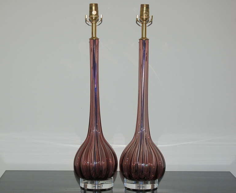 Italian Pair of Ribbed Murano Tall Necked Lamps in Boysenberry For Sale