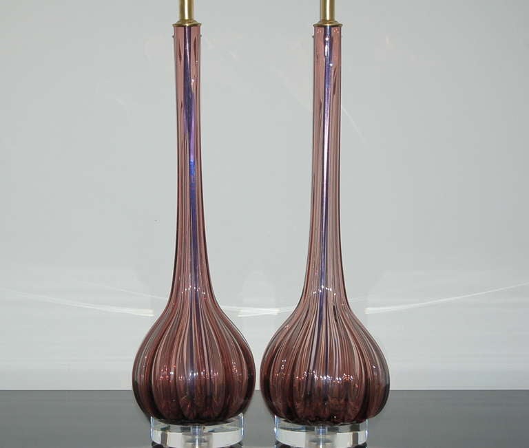Pair of Ribbed Murano Tall Necked Lamps in Boysenberry In Excellent Condition For Sale In Little Rock, AR