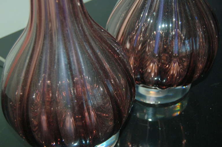 Mid-20th Century Pair of Ribbed Murano Tall Necked Lamps in Boysenberry For Sale