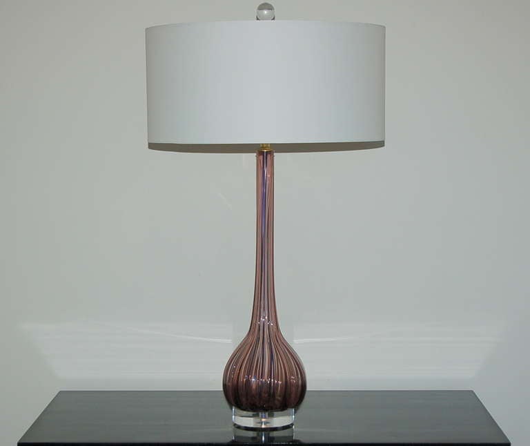 Mid-Century Modern Pair of Ribbed Murano Tall Necked Lamps in Boysenberry For Sale