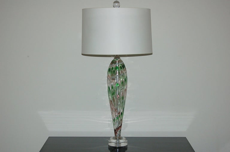 Classically designed Murano teardrops with whimsical squiggle design blown into the glass.  Clear glass with squiggles of GREEN, PURPLE, and WHITE, mounted on double discs of Lucite.

The lamps stand 28 inches from tabletop to socket top.  As