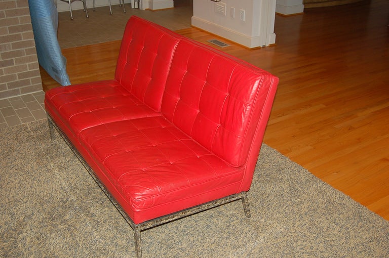 Mid-Century Modern Knoll Armless 2 Seat Sofa in Lipstick Red Leather