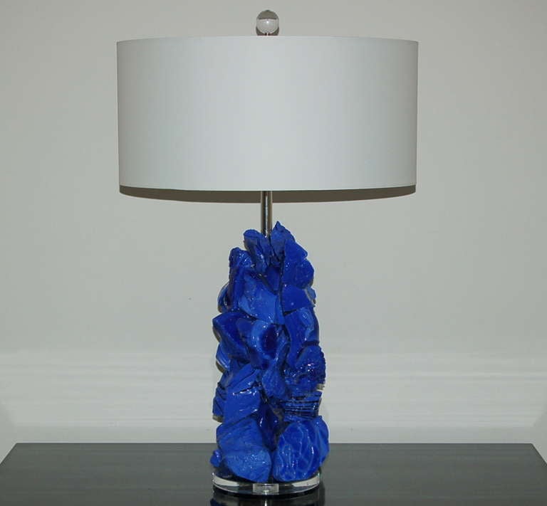 Exquisite cluster lamps in PERIWINKLE made of recycled glawss. Gorgeous Eco-friendly art pieces that light up a room, designed by Swank Lighting. The colors are spectacular!

The lamps stand 25 inches from tabletop to socket top. As shown, the top