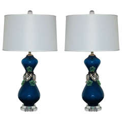 Pair of Vintage Murano Lamps with Glass Fruit in Midnight Blue