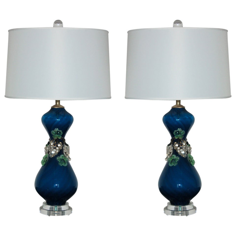 Pair of Vintage Murano Lamps with Glass Fruit in Midnight Blue For Sale