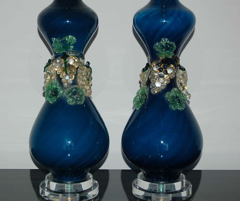Italian Pair of Vintage Murano Lamps with Glass Fruit in Midnight Blue For Sale