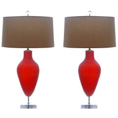 Vintage Pair of Plus Sized Marbro Opaline Lamps in Raspberry Sherbet