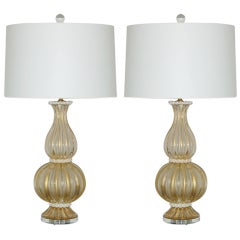 Used Pair of Wedding Cake Murano Lamps in Golden Champagne