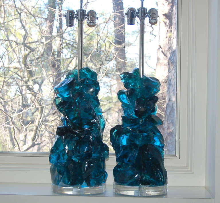 Pair of Rock Candy Lamps by Swank Lighting in Teal Blue In Excellent Condition In Little Rock, AR