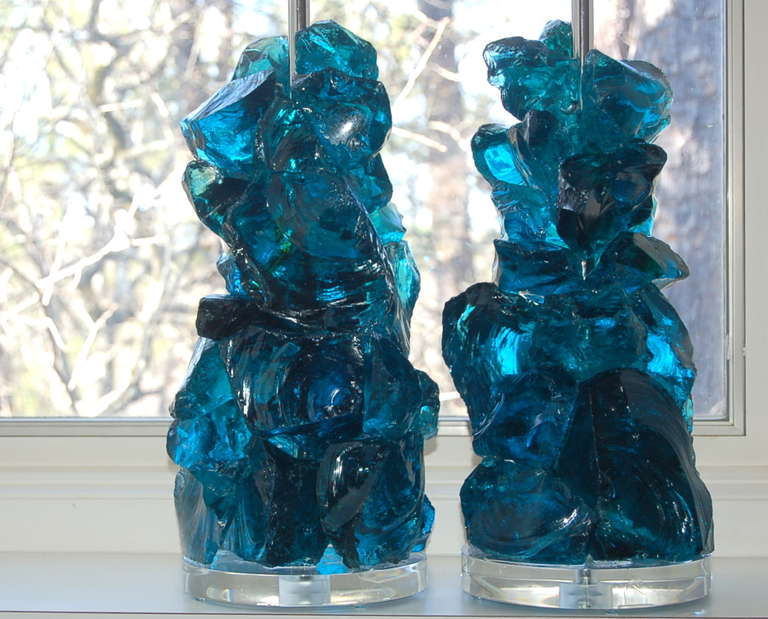Contemporary Pair of Rock Candy Lamps by Swank Lighting in Teal Blue