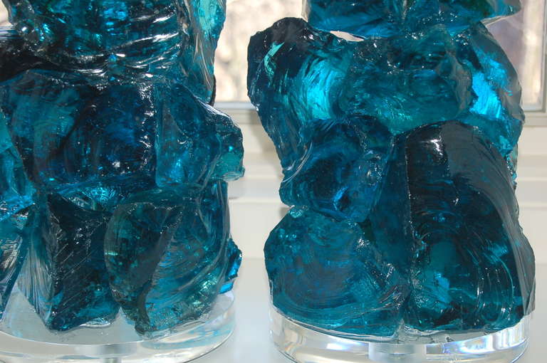 Lucite Pair of Rock Candy Lamps by Swank Lighting in Teal Blue