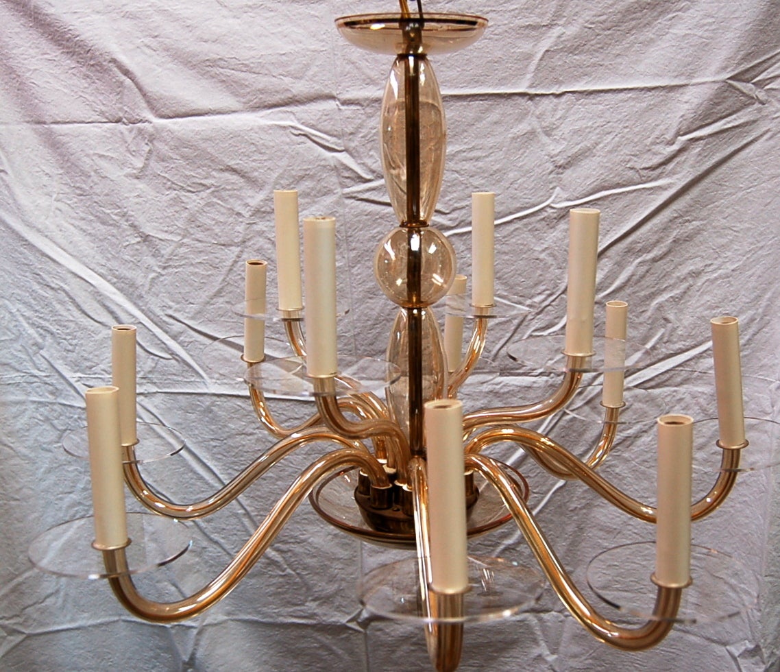 Mid-20th Century Vintage Twelve-Arm Murano Glass Chandelier in Champagne, 1940s