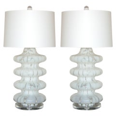 Pair of Four Tiered Mottled Lamps of White and Clear