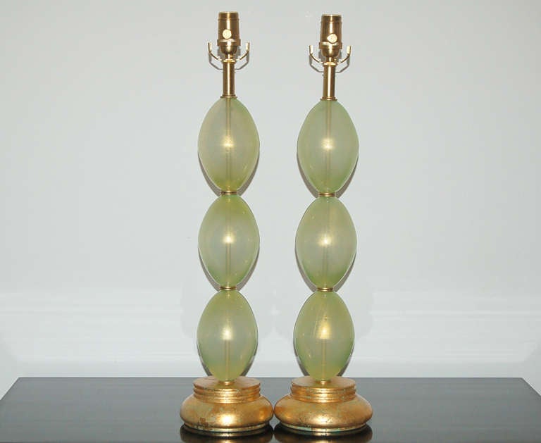 Italian Pair of Vintage Stacked Egg Murano Lamps in Celadon For Sale