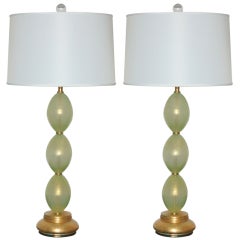 Pair of Vintage Stacked Egg Murano Lamps in Celadon