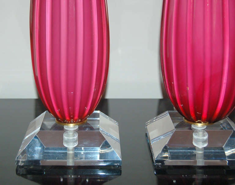 Italian Pair of Vintage Monumental Murano Table Lamps in Lipstick Pink For Sale