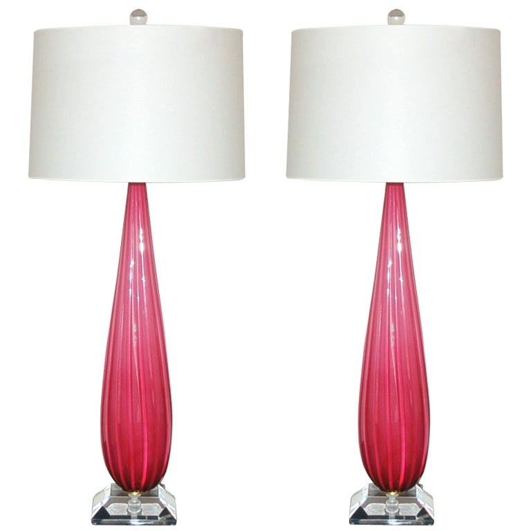 Pair of Vintage Monumental Murano Table Lamps in Lipstick Pink For Sale