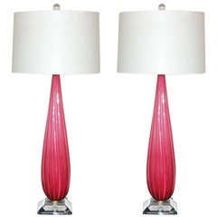 Pair of Vintage Monumental Murano Table Lamps in Lipstick Pink