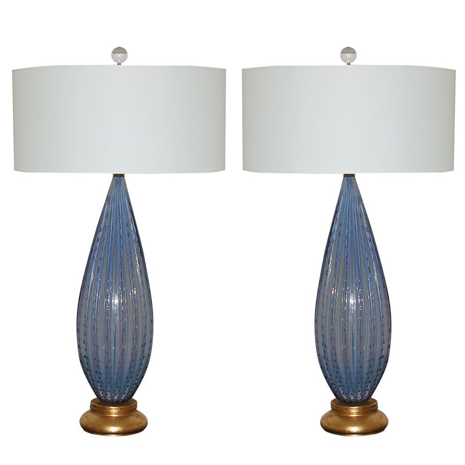 Pair of Vintage Murano Table Lamps in Lavender Opaline on Gold