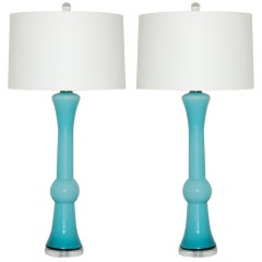 Pair of Sculpted Vintage Murano Lamps in Aqua Frost
